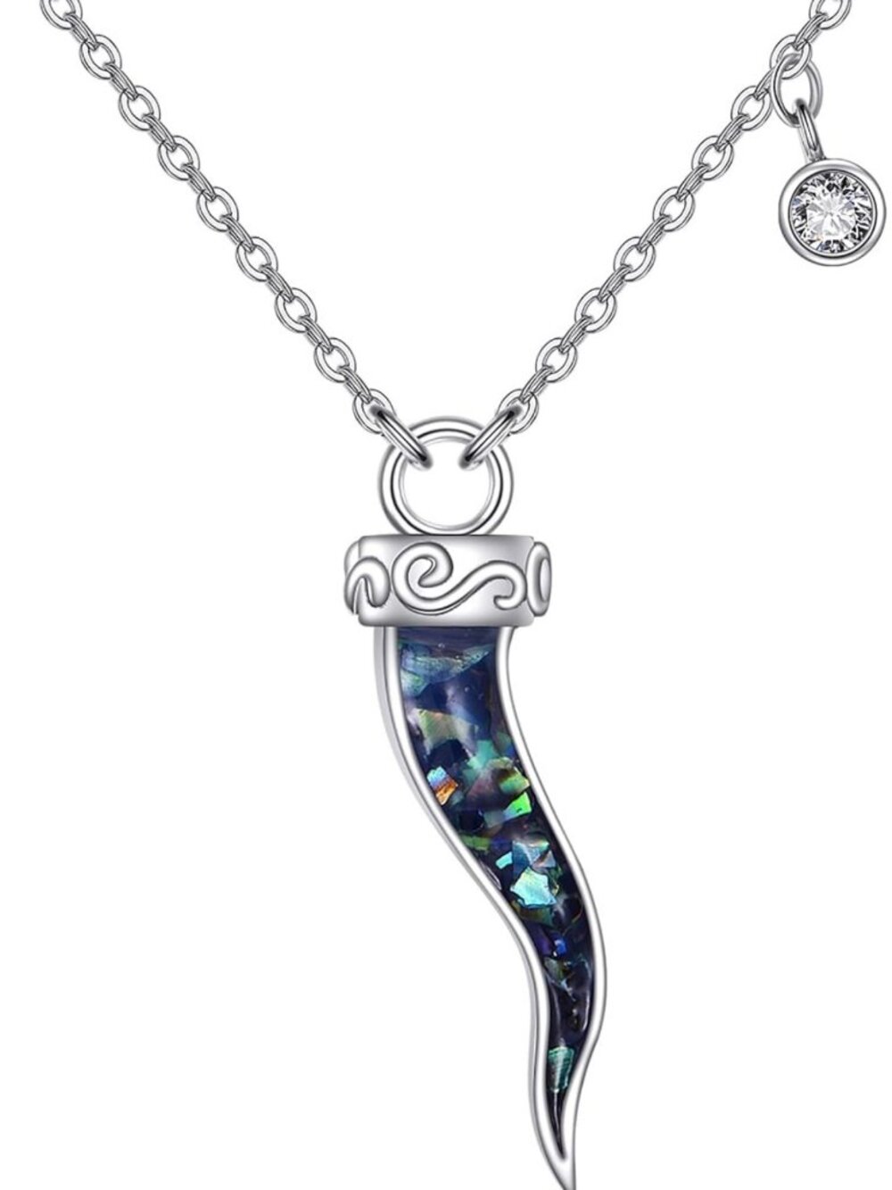 Sterling Silver Italian Horn Necklace with Abalone Shell - Good Luck Amulet